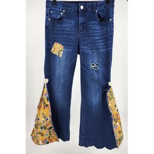 Elliot Vine Women 12 Denim Flare Jeans Floral Insets Hippie Festival Boho 70s